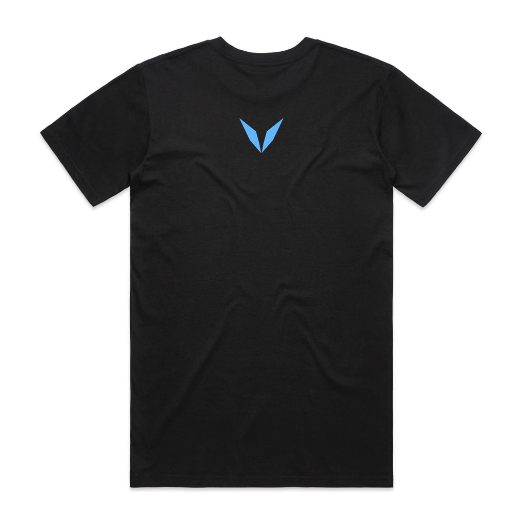 Back of Voltare black I Asked AI to Ask AI tee with a small blue Voltare V logo below the neckline