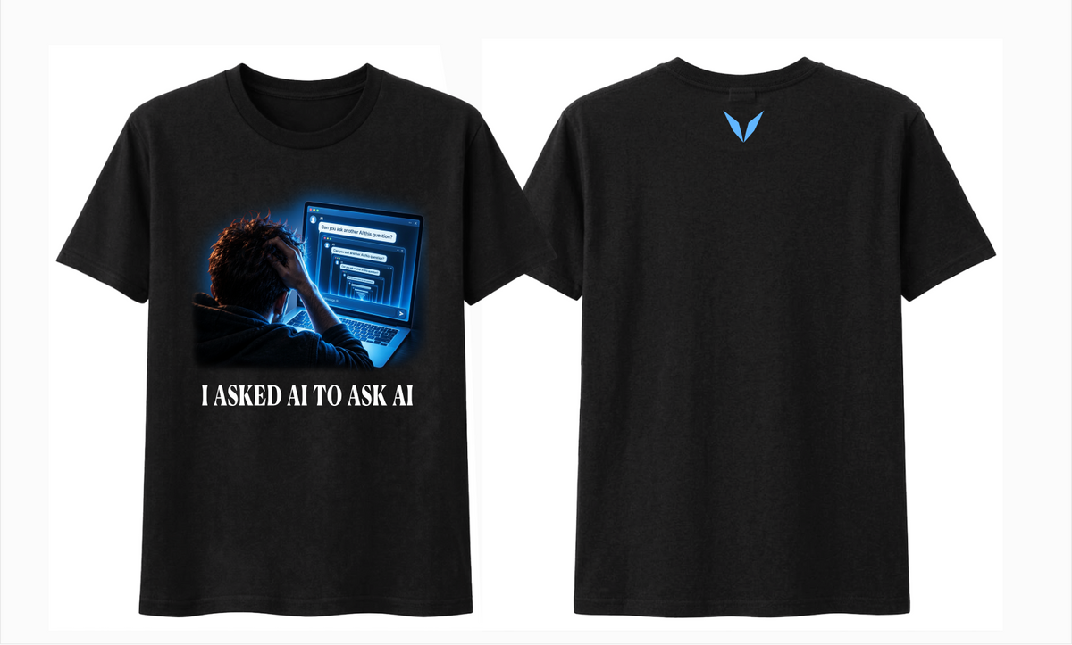 Front and back of Voltare black I Asked AI to Ask AI tee showing the laptop graphic, white slogan and blue V back logo

