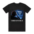 Front of Voltare black I Asked AI to Ask AI tee featuring a person at a laptop with repeating AI chat windows and white slogan