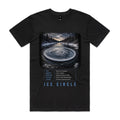 Front of Voltare Ice Circle black tee with circular ice formation in a snowy forest river, fact panel and icy-blue lettering