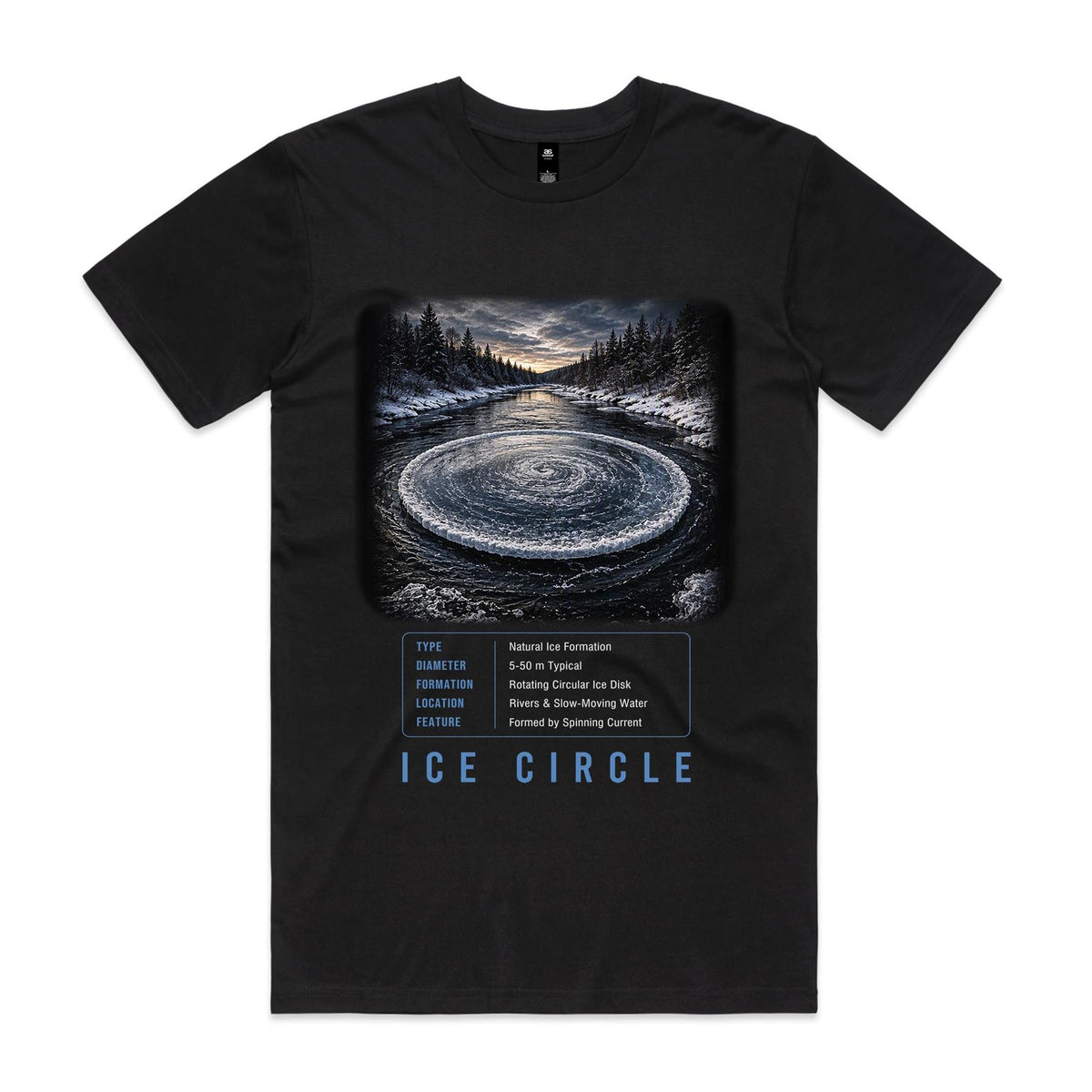 Front of Voltare Ice Circle black tee with circular ice formation in a snowy forest river, fact panel and icy-blue lettering