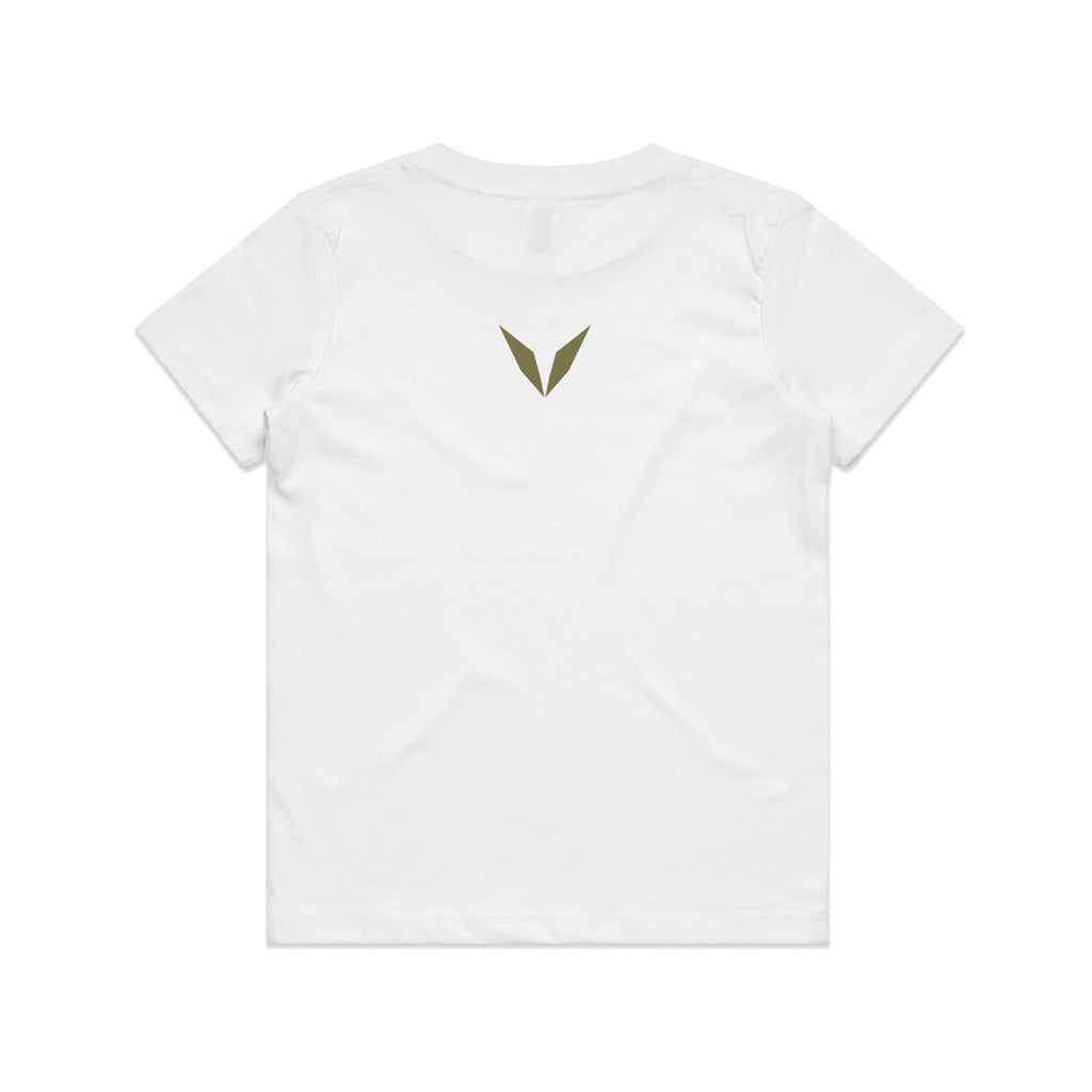 Back of the white Voltare Iguanodon kids tee with an olive-green Voltare V below the neckline.