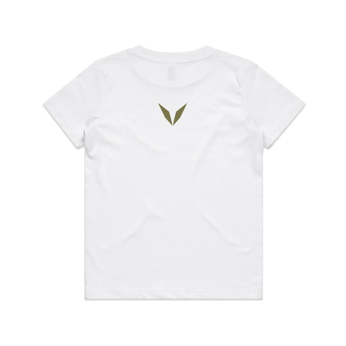 Back of the white Voltare Iguanodon kids tee with an olive-green Voltare V below the neckline.