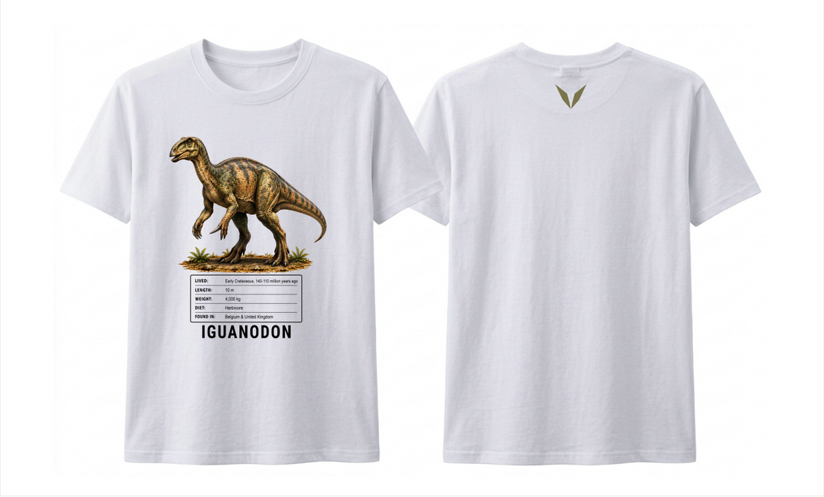 Front and back preview of the white Voltare Iguanodon kids tee, showing dinosaur artwork and facts on the front and an olive-green V on the back.