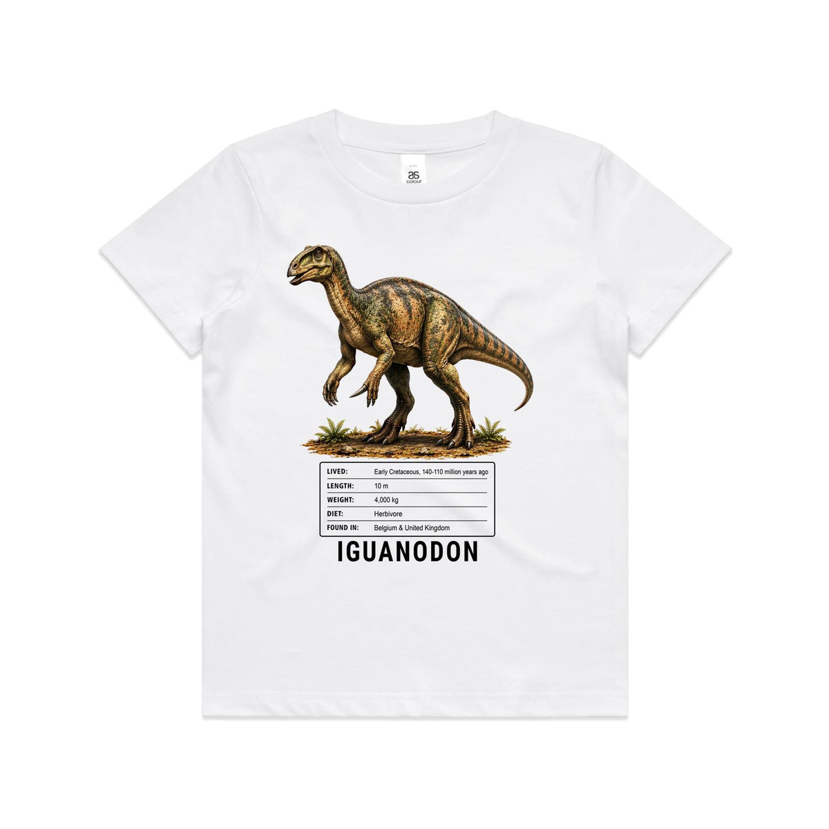White Voltare kids tee with olive-and-gold Iguanodon artwork, a dinosaur facts panel and black Iguanodon lettering on the front.