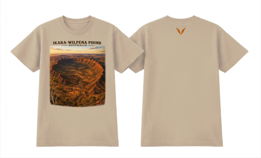 Front and back preview of the Ecru Voltare Ikara-Wilpena Pound Golden Ridges tee with outback valley artwork and a burnt-orange back V