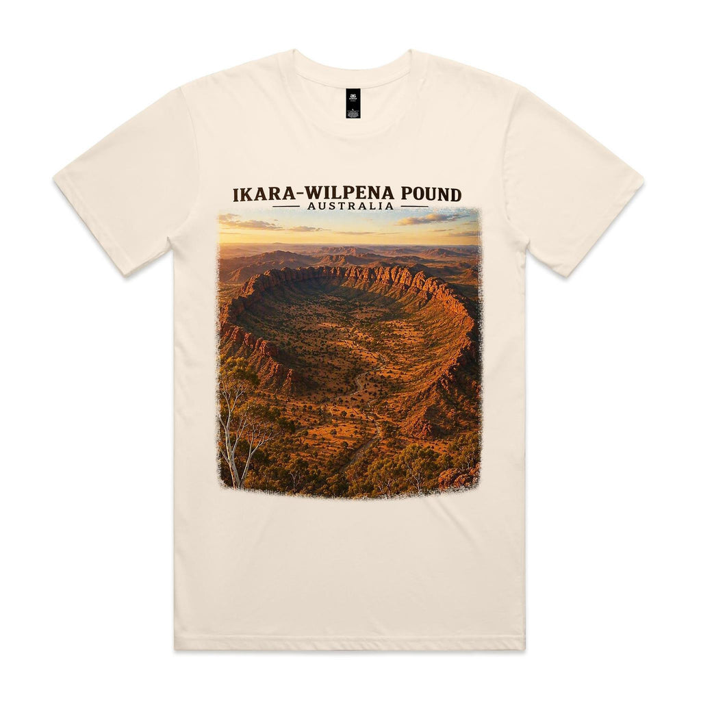 Ecru Voltare Ikara-Wilpena Pound tee featuring golden rocky ridges and a sweeping valley beneath Ikara-Wilpena Pound Australia lettering