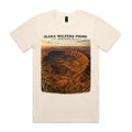 Ecru Voltare Ikara-Wilpena Pound tee featuring golden rocky ridges and a sweeping valley beneath Ikara-Wilpena Pound Australia lettering