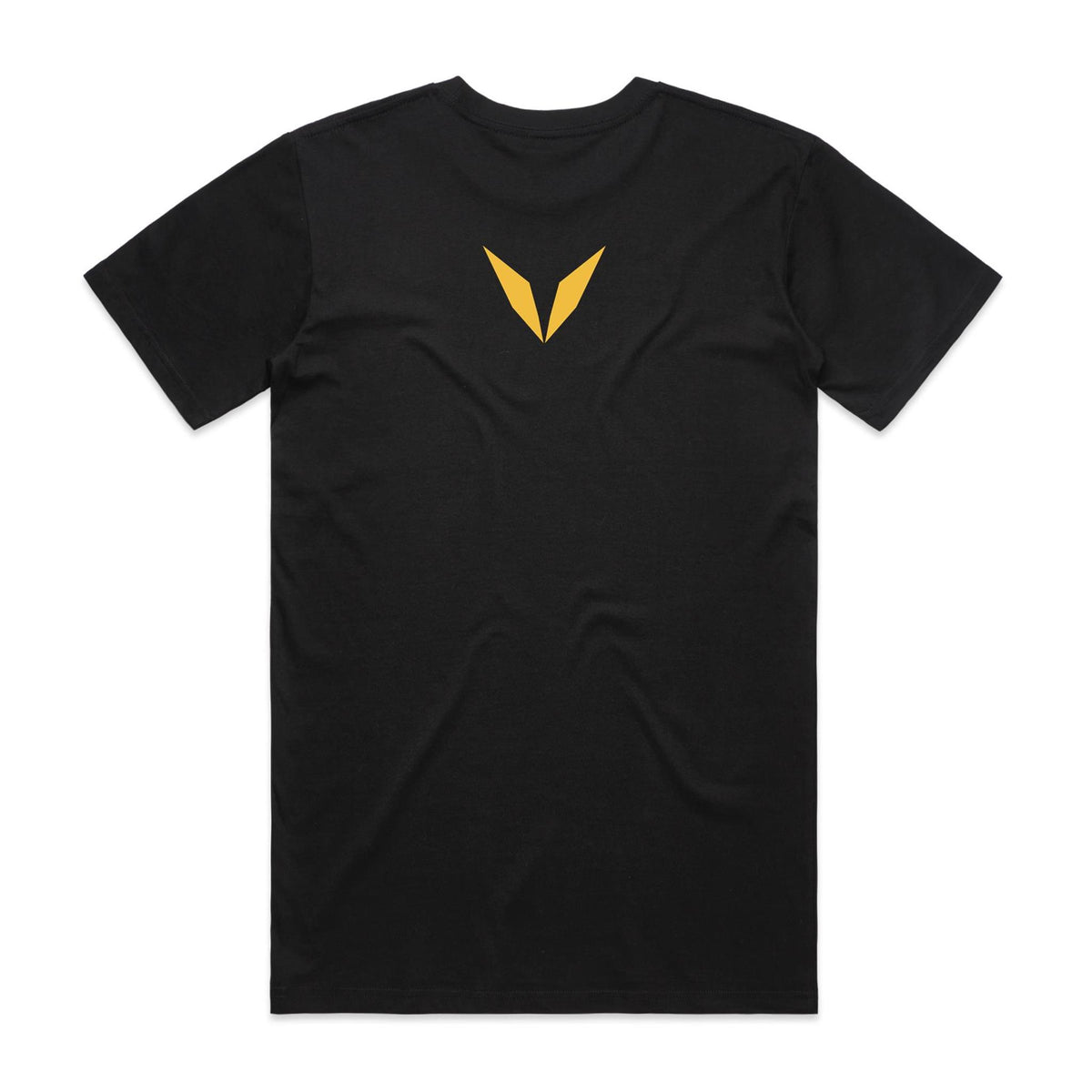 Back of Voltare Io Cosmic Wonders black tee with golden-yellow Voltare V logo