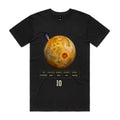 Front of Voltare Io black tee with yellow-gold volcanic moon artwork, an erupting plume, orange-red volcanic ring, moon-facts panel and cream lettering