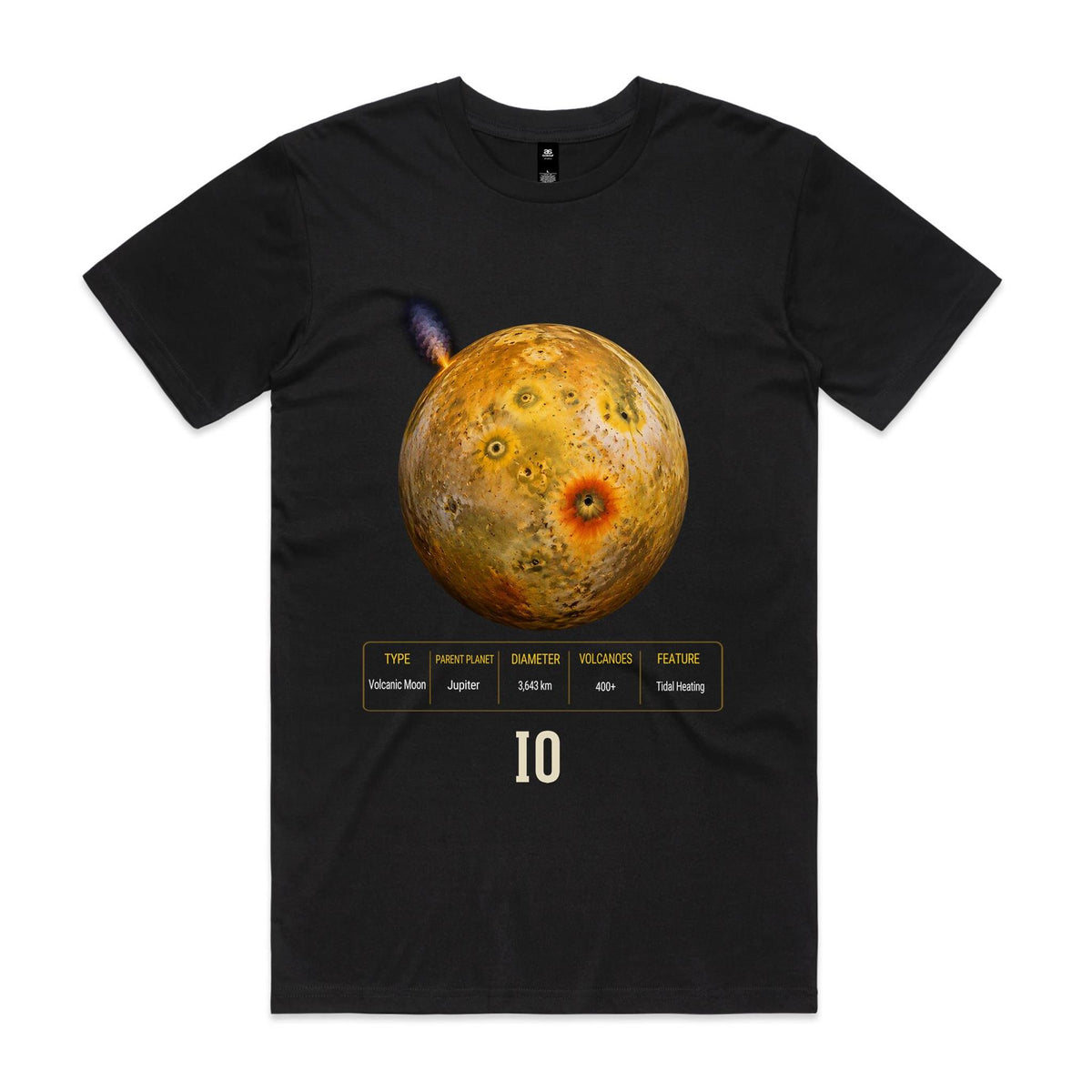 Front of Voltare Io black tee with yellow-gold volcanic moon artwork, an erupting plume, orange-red volcanic ring, moon-facts panel and cream lettering