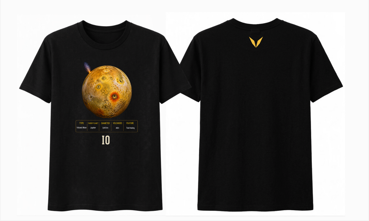 Front and back preview of Voltare Io black tee with volcanic moon artwork, an erupting plume, moon-facts panel and golden-yellow Voltare V logo