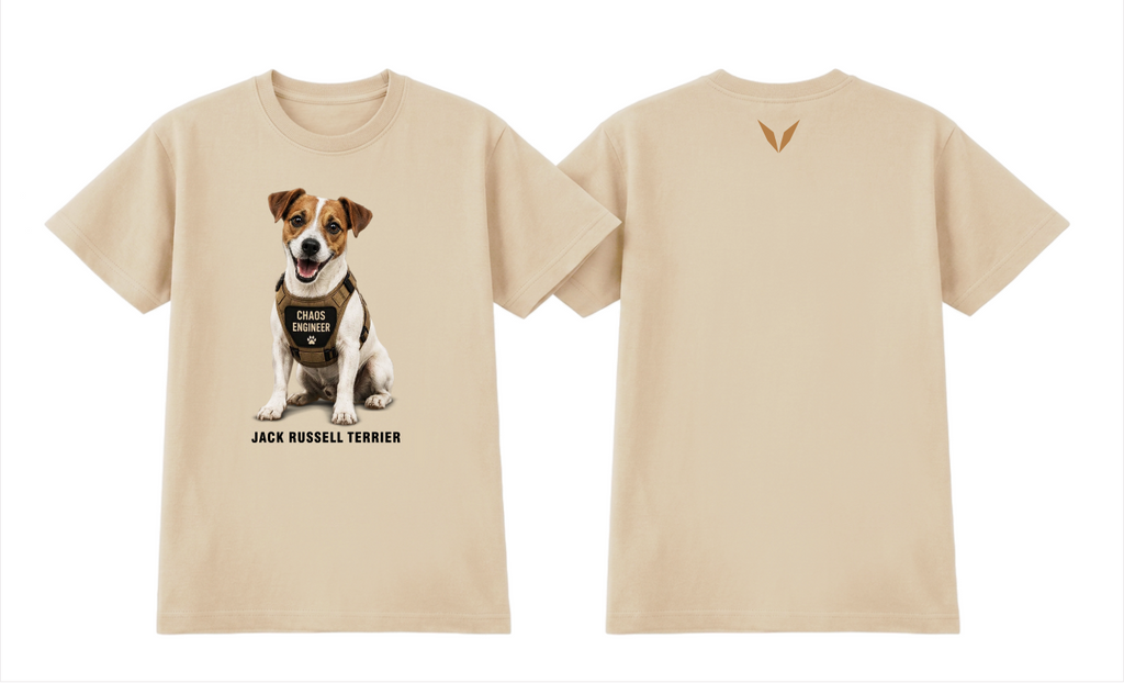 Front and back preview of the Voltare Jack Russell Terrier tee showing Chaos Engineer dog artwork and a caramel-brown Voltare V on a beige garment

