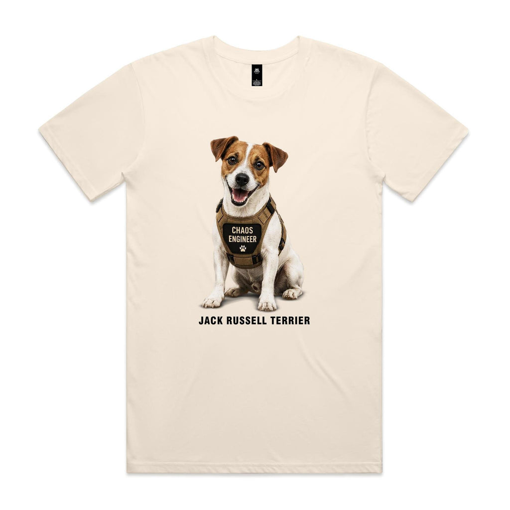 Ecru Voltare Jack Russell Terrier tee featuring a brown-and-white dog in a Chaos Engineer vest with correctly spelled Jack Russell Terrier lettering