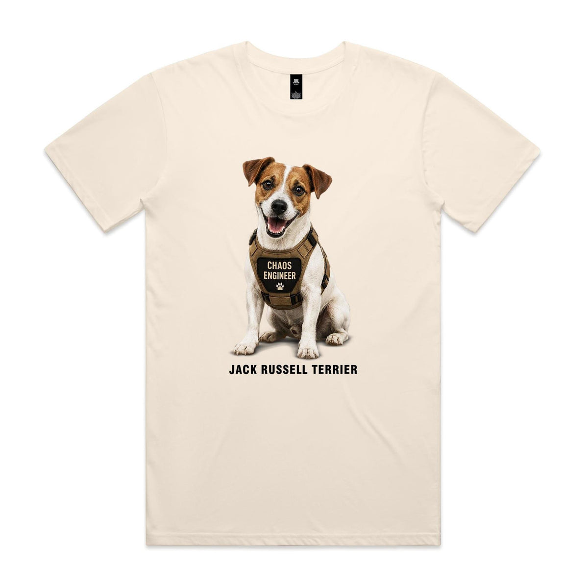Ecru Voltare Jack Russell Terrier tee featuring a brown-and-white dog in a Chaos Engineer vest with correctly spelled Jack Russell Terrier lettering