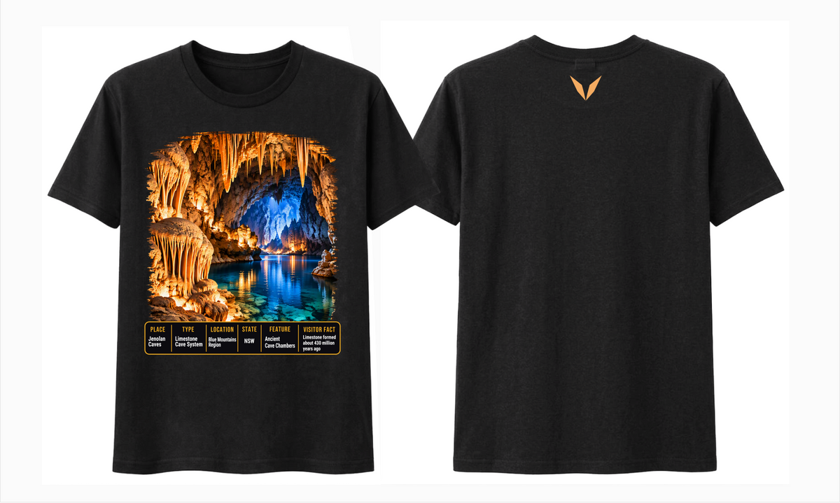 Combined front and back preview of Voltare Black Jenolan Caves T-shirt with cave artwork, a fact panel and gold Voltare V.