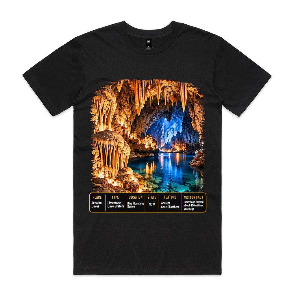 Front of Voltare Black Jenolan Caves T-shirt featuring gold limestone formations, blue cave water and a NSW fact panel.