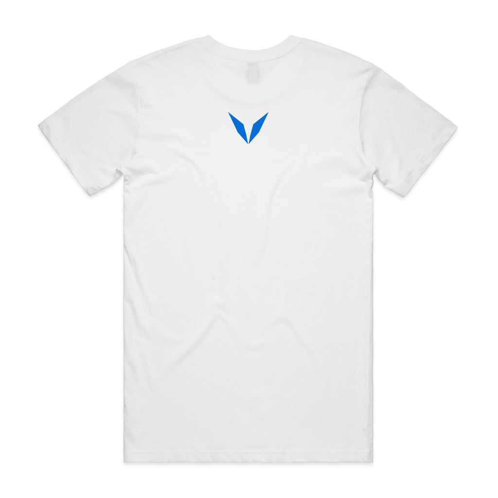 Back of Voltare White Jervis Bay T-shirt with a blue Voltare V on the upper back.