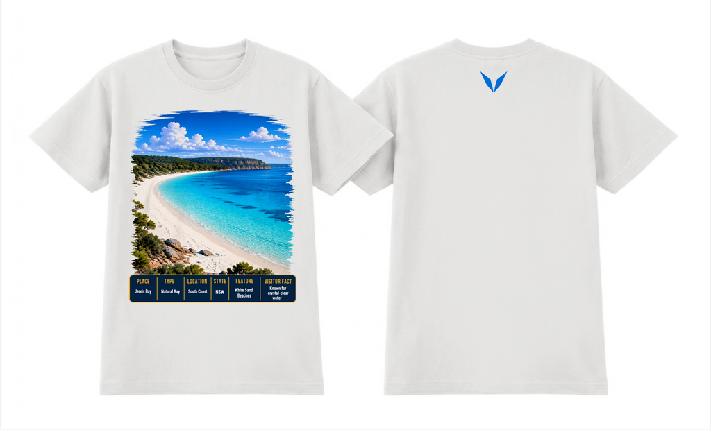 Combined front and back preview of Voltare White Jervis Bay T-shirt with beach artwork, a fact panel and blue Voltare V.