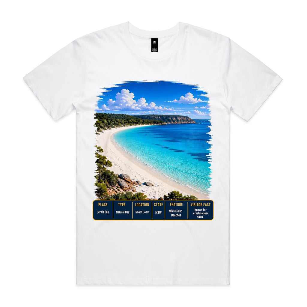 Front of Voltare White Jervis Bay T-shirt featuring turquoise water, a white-sand beach and a New South Wales fact panel.