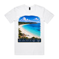 Front of Voltare White Jervis Bay T-shirt featuring turquoise water, a white-sand beach and a New South Wales fact panel.