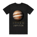 Front of Voltare Jupiter black tee with cream and copper cloud bands, the Great Red Spot, planet-facts panel and sand-toned lettering
