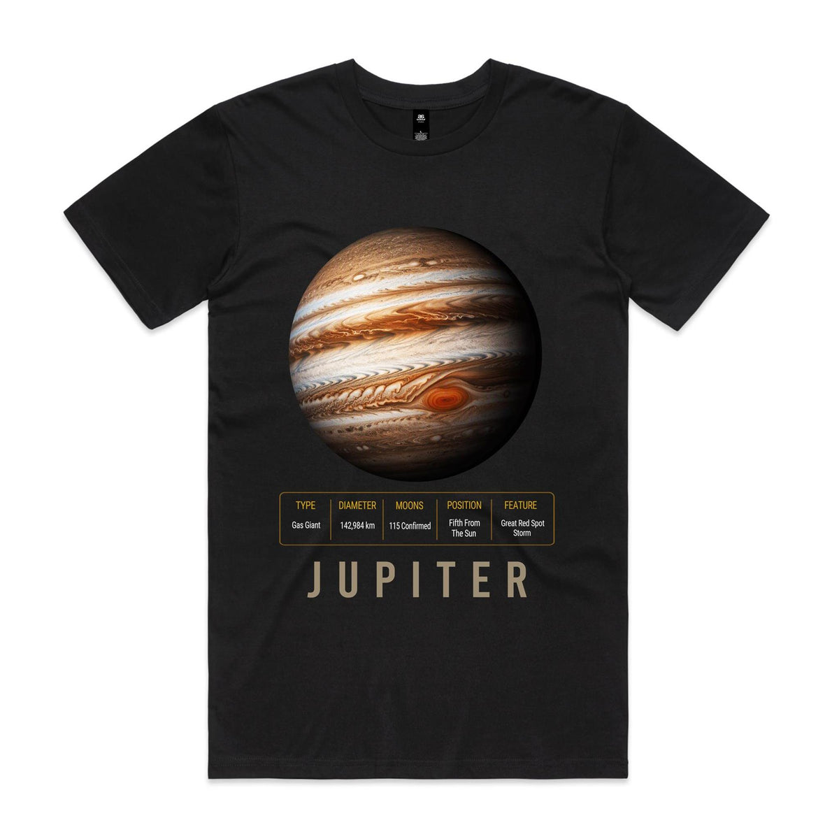 Front of Voltare Jupiter black tee with cream and copper cloud bands, the Great Red Spot, planet-facts panel and sand-toned lettering