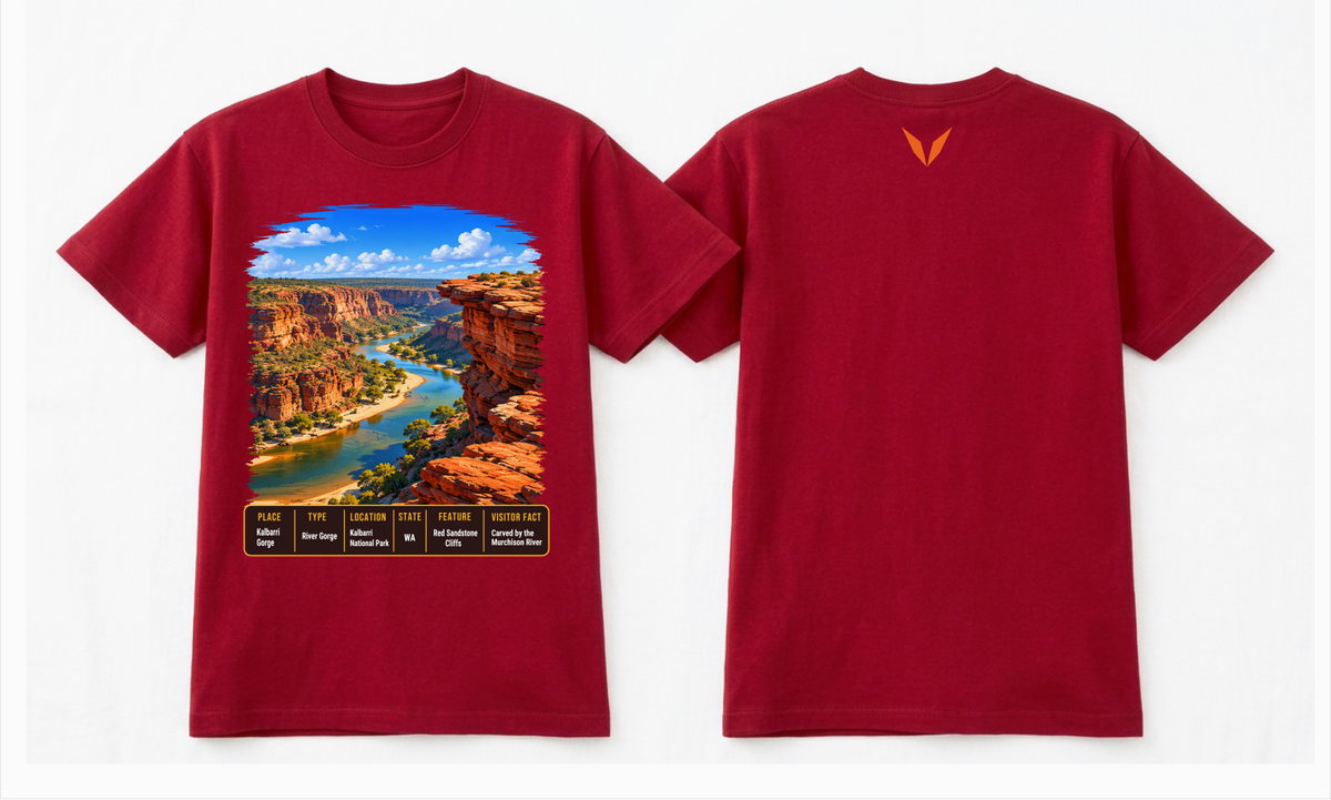 Combined front and back preview of Voltare Cardinal Kalbarri Gorge T-shirt with river gorge artwork, a fact panel and orange Voltare V.