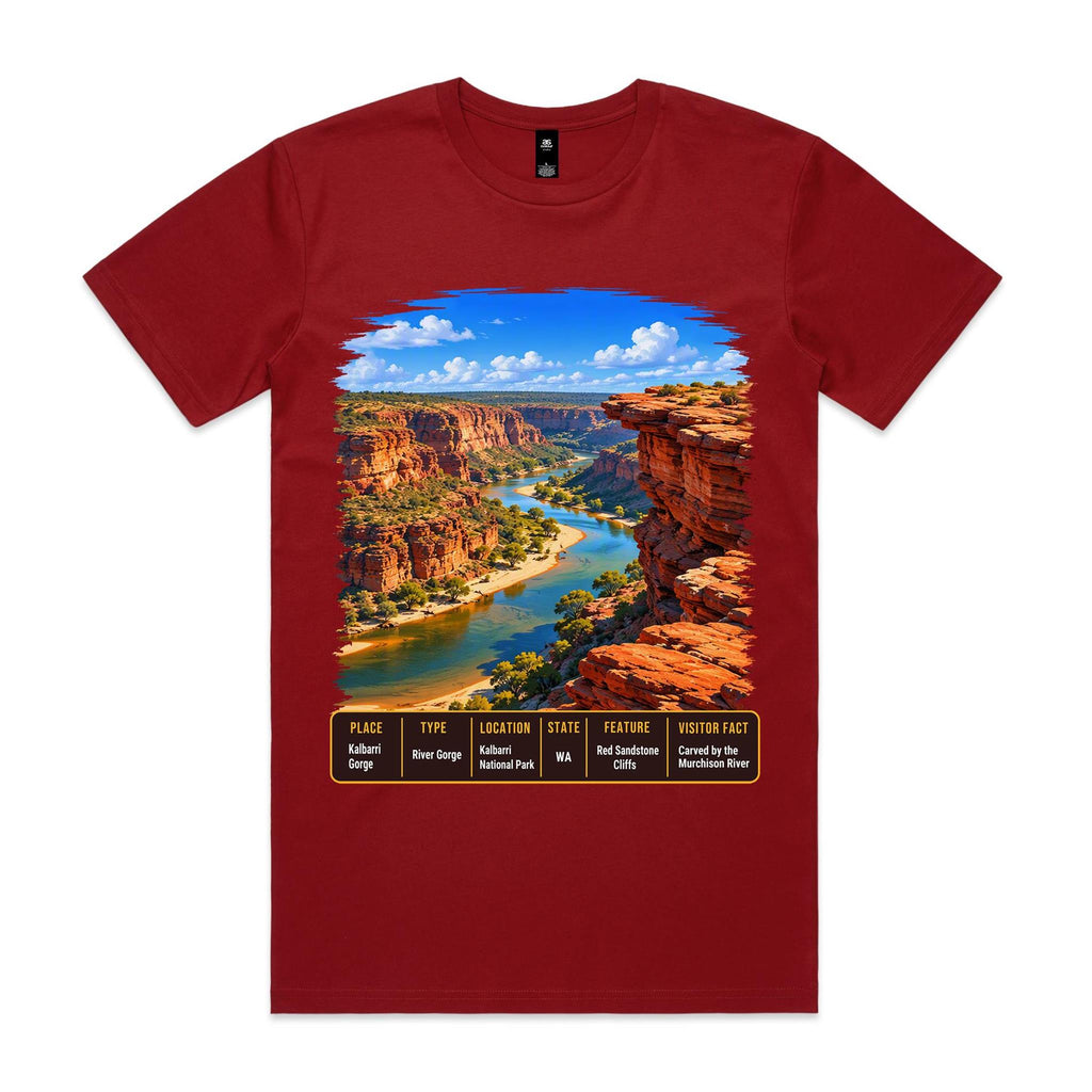 Front of Voltare Cardinal Kalbarri Gorge T-shirt featuring red sandstone cliffs, a winding river and a Western Australia fact panel.