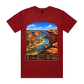Front of Voltare Cardinal Kalbarri Gorge T-shirt featuring red sandstone cliffs, a winding river and a Western Australia fact panel.