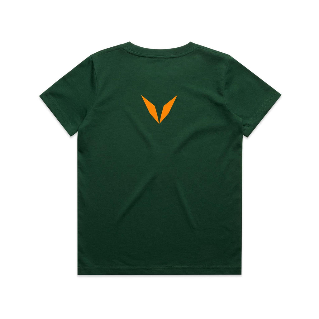 Back of Voltare Kangaroo Tiny Explorers kids tee in Forest Green with bright-orange Voltare V logo
