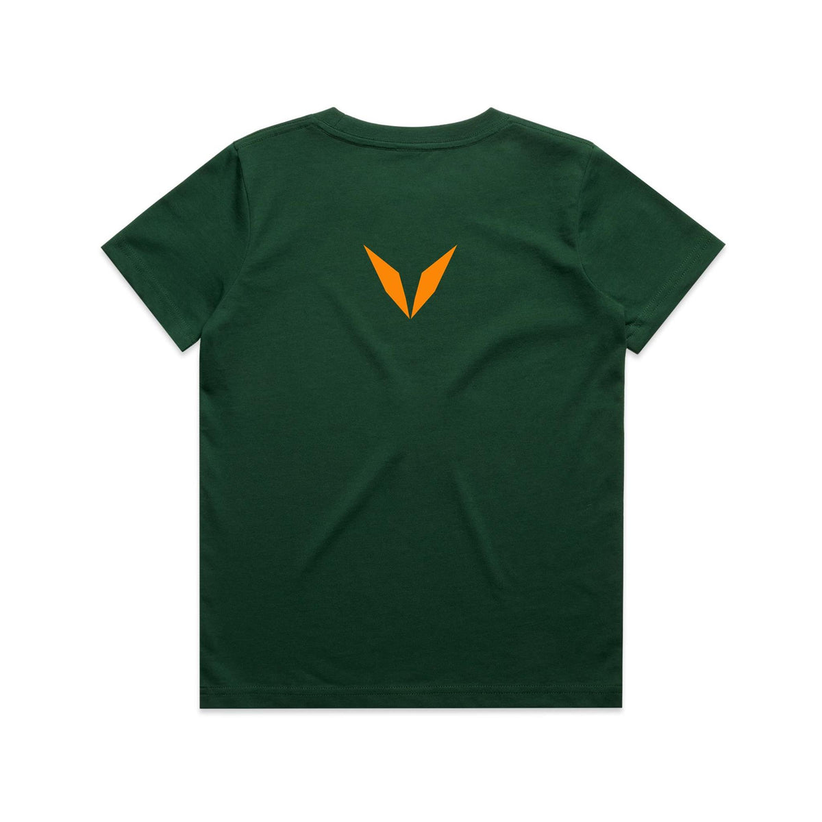 Back of Voltare Kangaroo Tiny Explorers kids tee in Forest Green with bright-orange Voltare V logo