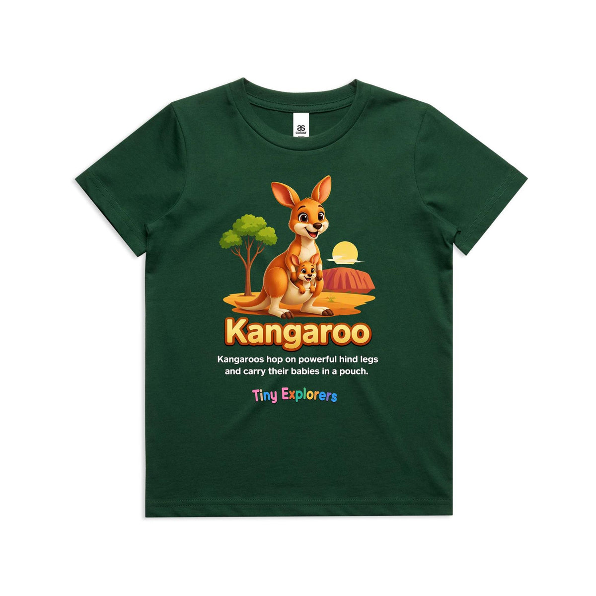 Front of Voltare Kangaroo Tiny Explorers kids tee in Forest Green with kangaroo and joey artwork and hopping and pouch fact