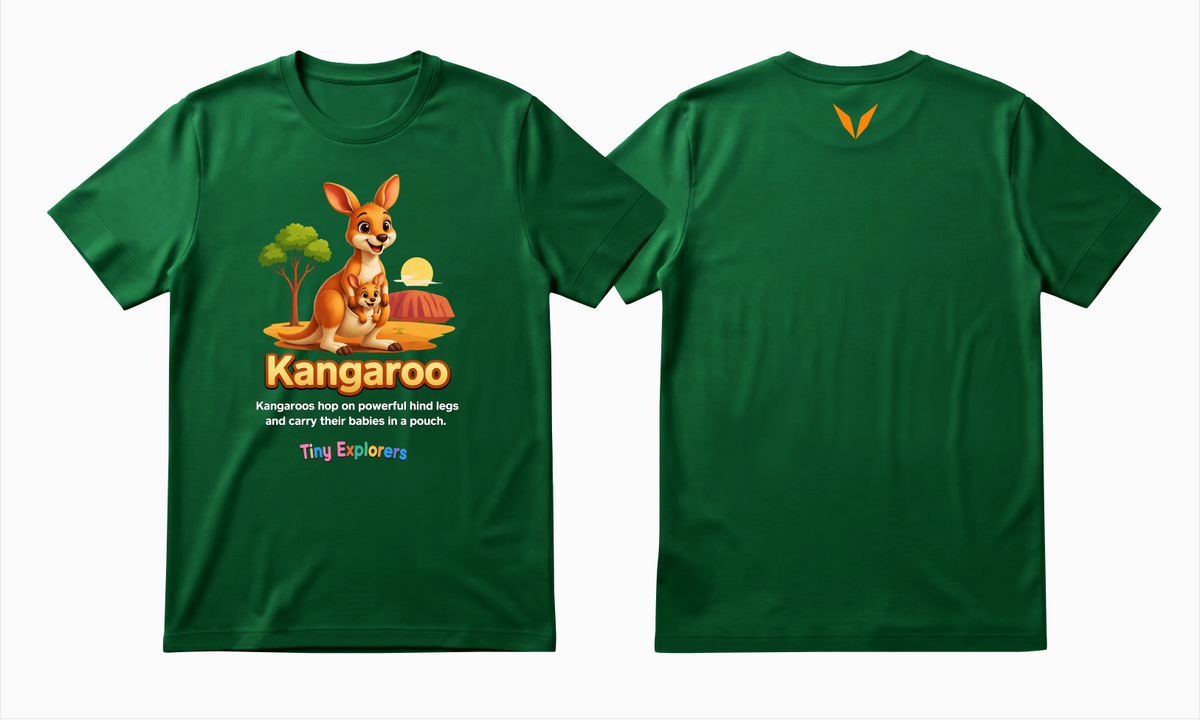 Front and back design preview of Voltare Kangaroo Tiny Explorers kids tee on a green shirt with kangaroo and joey artwork and bright-orange Voltare V logo