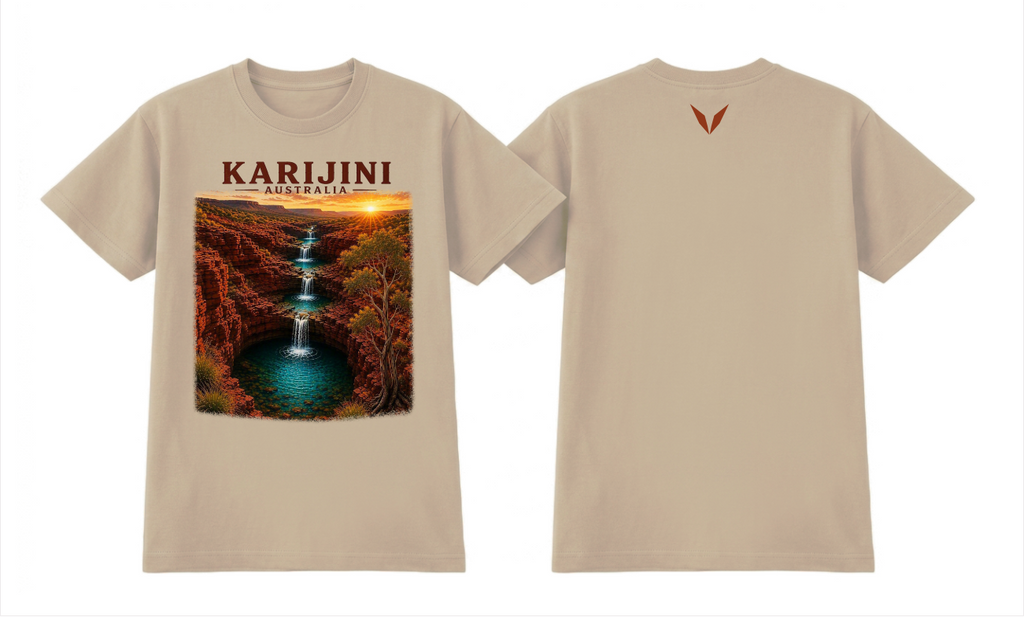 Front and back preview of the Ecru Voltare Karijini Gorge Cascades tee with waterfall and red-rock gorge artwork and a rust-red back V