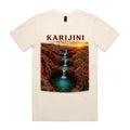 Ecru Voltare Karijini tee featuring cascading waterfalls and turquoise pools between red-rock gorge walls beneath Karijini Australia lettering