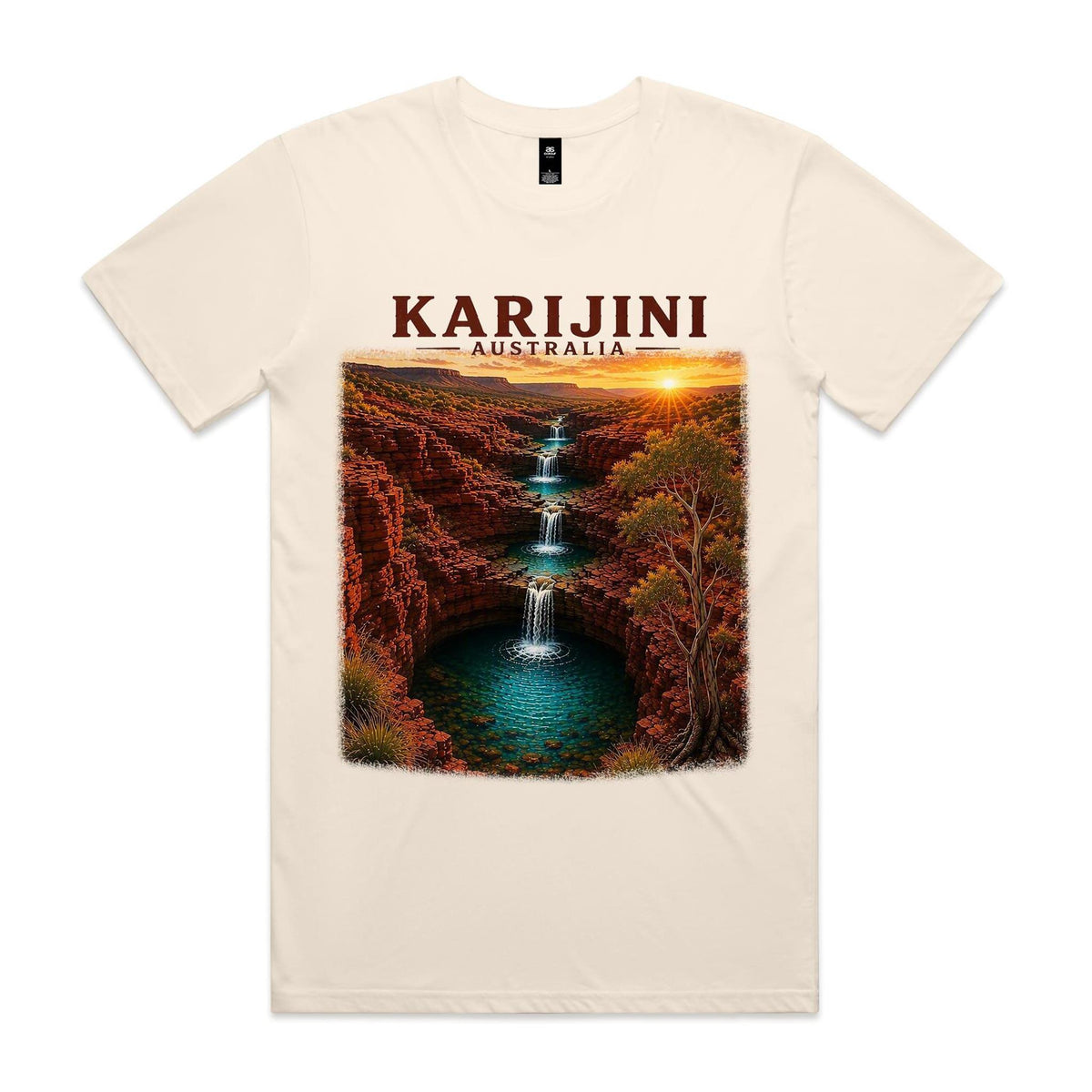 Ecru Voltare Karijini tee featuring cascading waterfalls and turquoise pools between red-rock gorge walls beneath Karijini Australia lettering