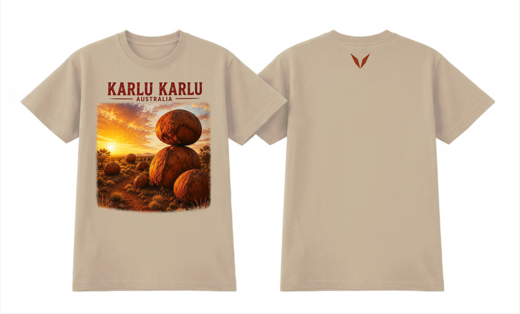 Front and back preview of the Ecru Voltare Karlu Karlu Outback Sunset tee with red boulder artwork and a rust-red back V