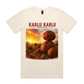 Ecru Voltare Karlu Karlu tee featuring rounded red boulders beneath a golden sunset with Karlu Karlu Australia lettering