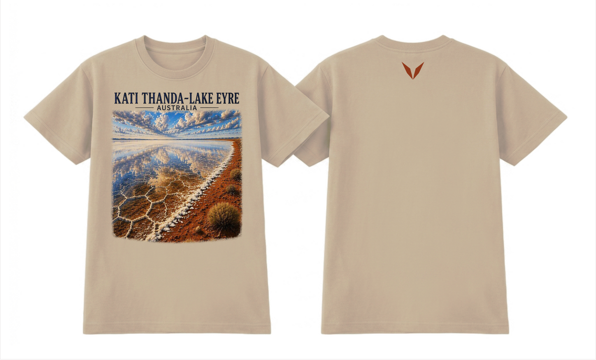 Front and back preview of the Ecru Voltare Kati Thanda-Lake Eyre Saltwater Reflections tee with salt lake and cloud reflection artwork and a rust-red back V