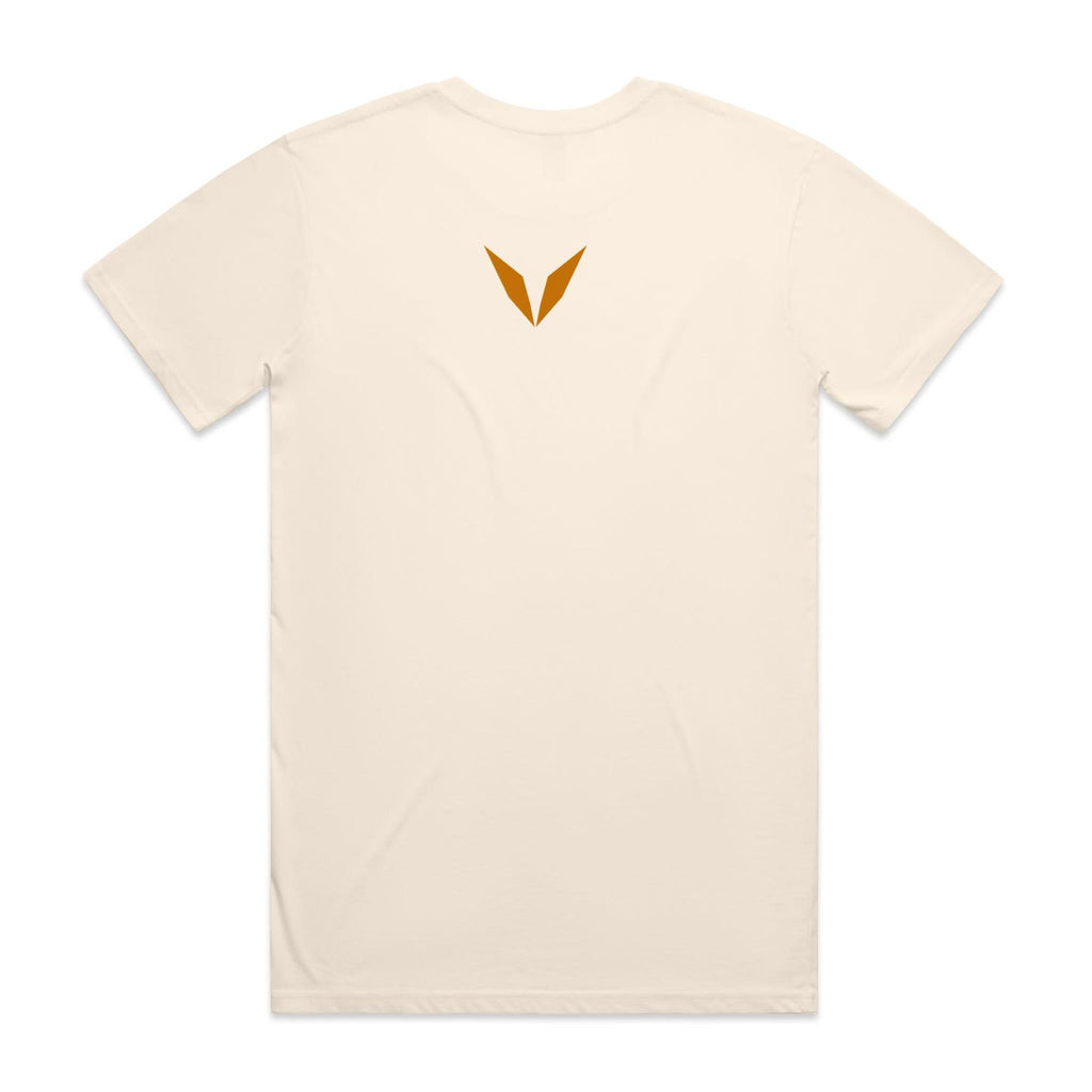 Back of the Ecru Voltare Kelpie Helper of the Year tee with a golden-ochre Voltare V below the neckline.