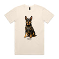 Ecru Voltare adult tee featuring a black-and-tan Kelpie wearing a tan harness with a Helper of the Year badge, paw-print detail and black Kelpie lettering.
