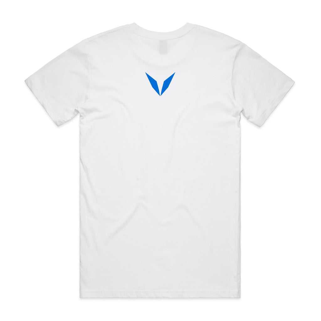 Back of Voltare White K’gari T-shirt with a blue Voltare V on the upper back.
