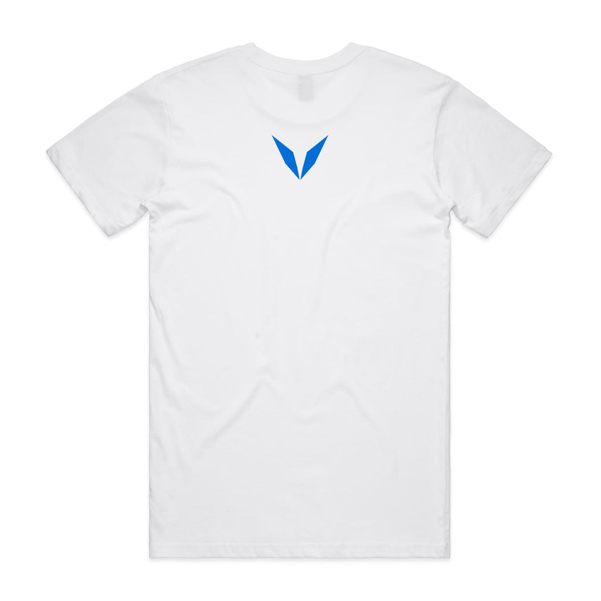 Back of Voltare White K’gari T-shirt with a blue Voltare V on the upper back.