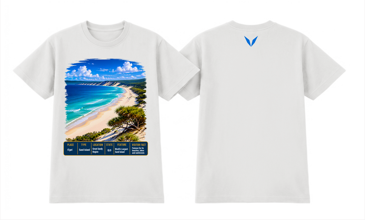 Combined front and back preview of Voltare White K’gari T-shirt with coastal artwork, a fact panel and blue Voltare V.