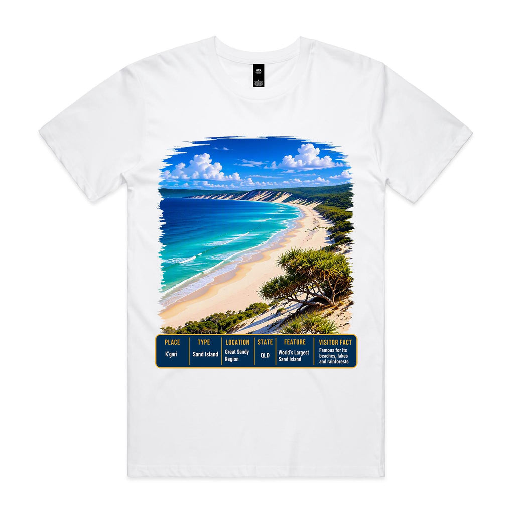 Front of Voltare White K’gari T-shirt featuring turquoise surf, pale sands, coastal greenery and a Queensland fact panel.