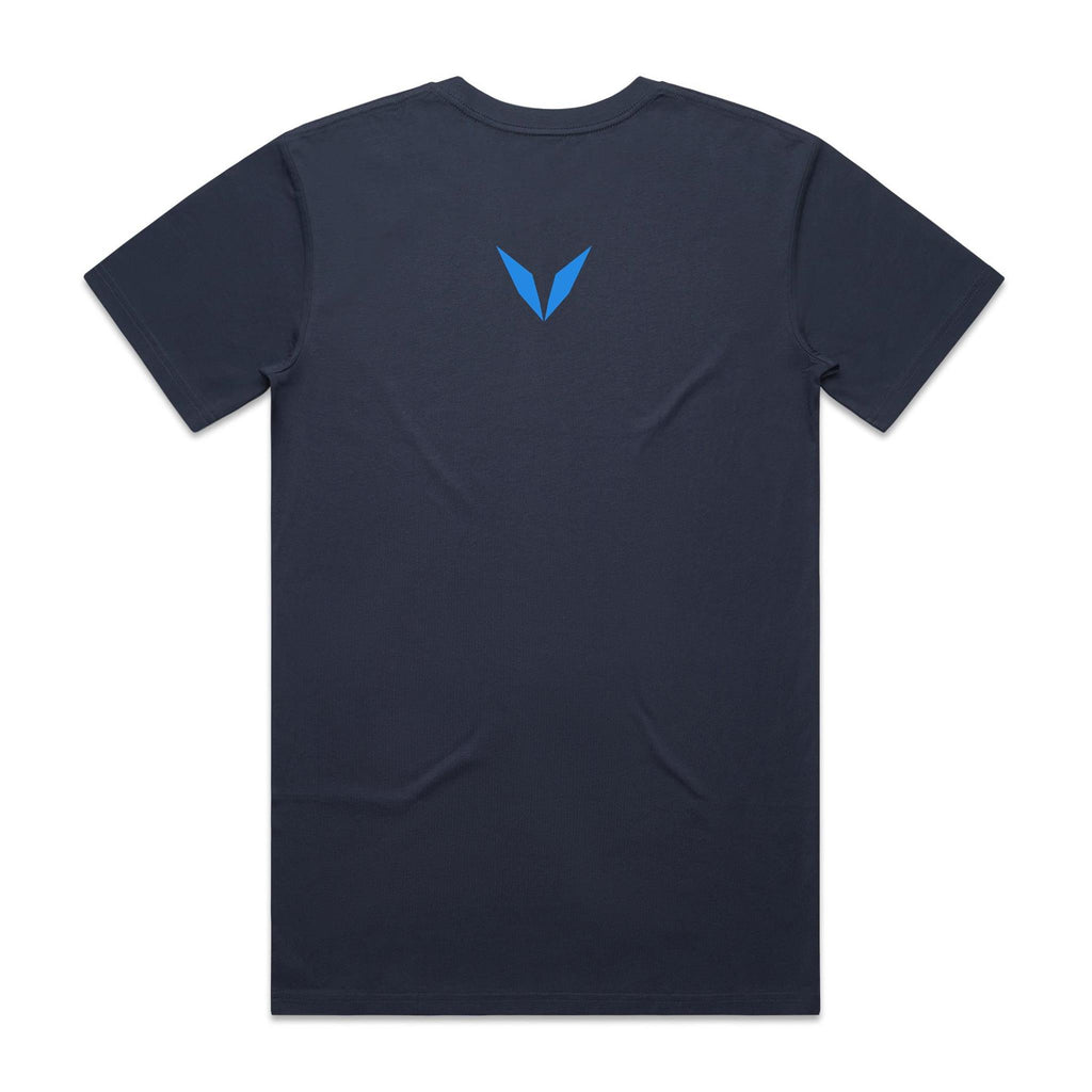 Back of Voltare Midnight Blue Kiama Blowhole T-shirt with a blue Voltare V on the upper back.