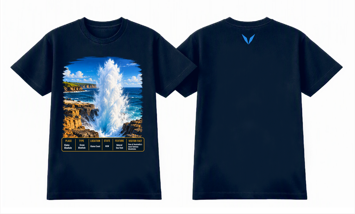 Combined front and back preview of Voltare Midnight Blue Kiama Blowhole T-shirt with ocean spray artwork, a fact panel and blue Voltare V.