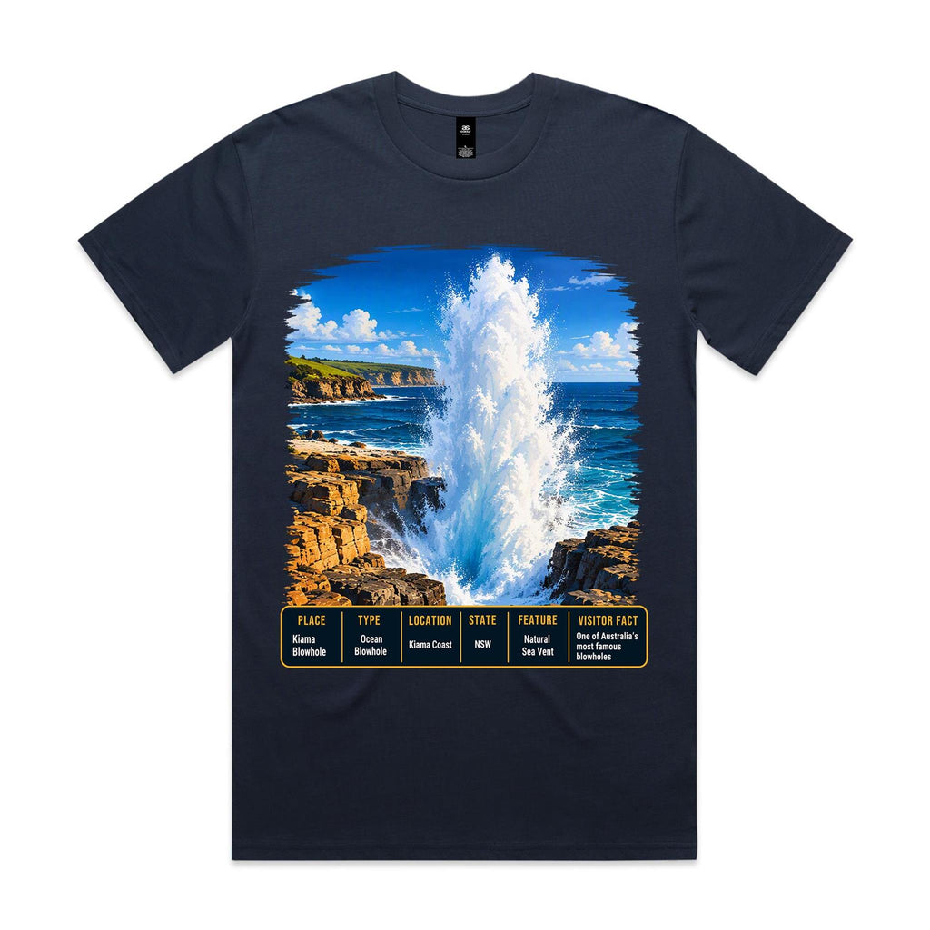 Front of Voltare Midnight Blue Kiama Blowhole T-shirt featuring ocean spray, coastal rocks and a New South Wales fact panel.