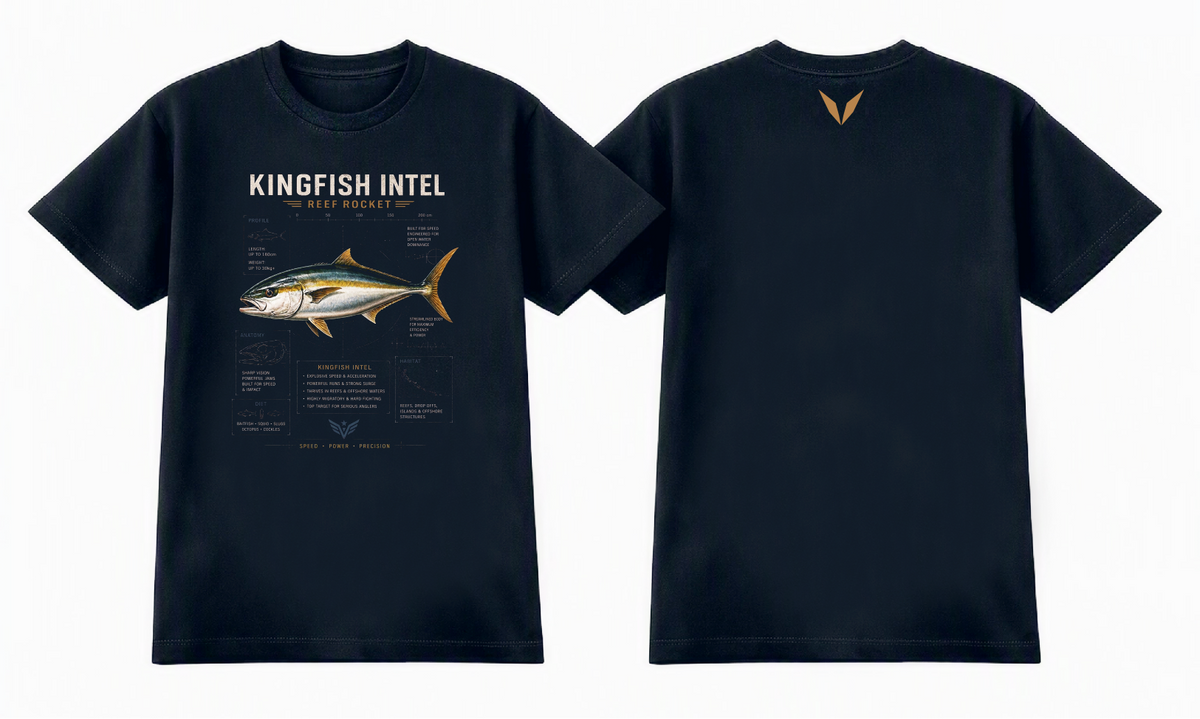 Front and back preview of the Voltare Kingfish Reef Rocket Fishing tee with silver-and-gold kingfish artwork, illustrated fish fact panels and a golden-tan back V